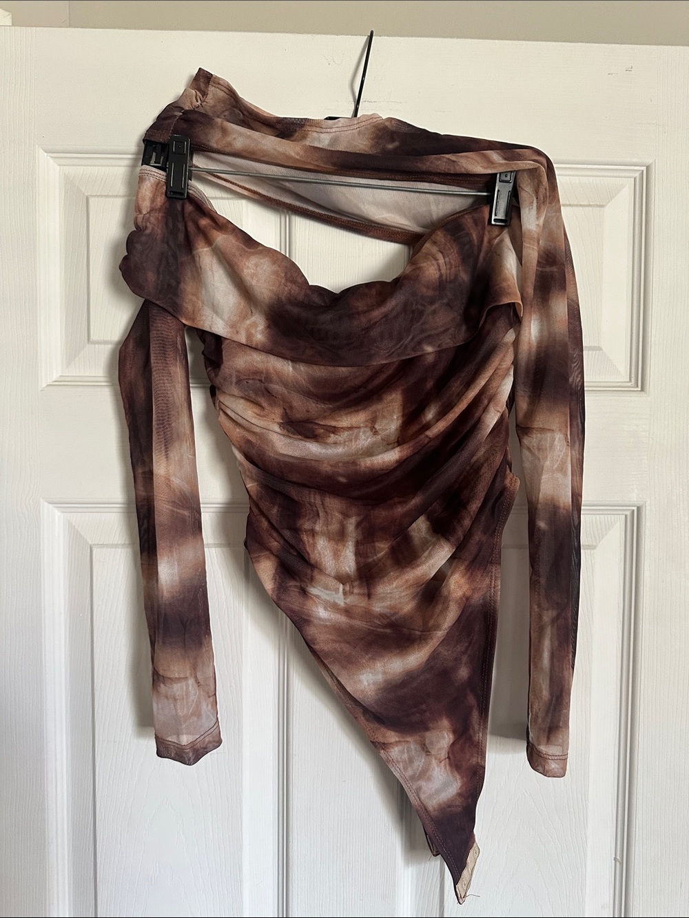 SHEIN Brown Tie-Dye Asymmetrical Long Sleeve Bodysuit